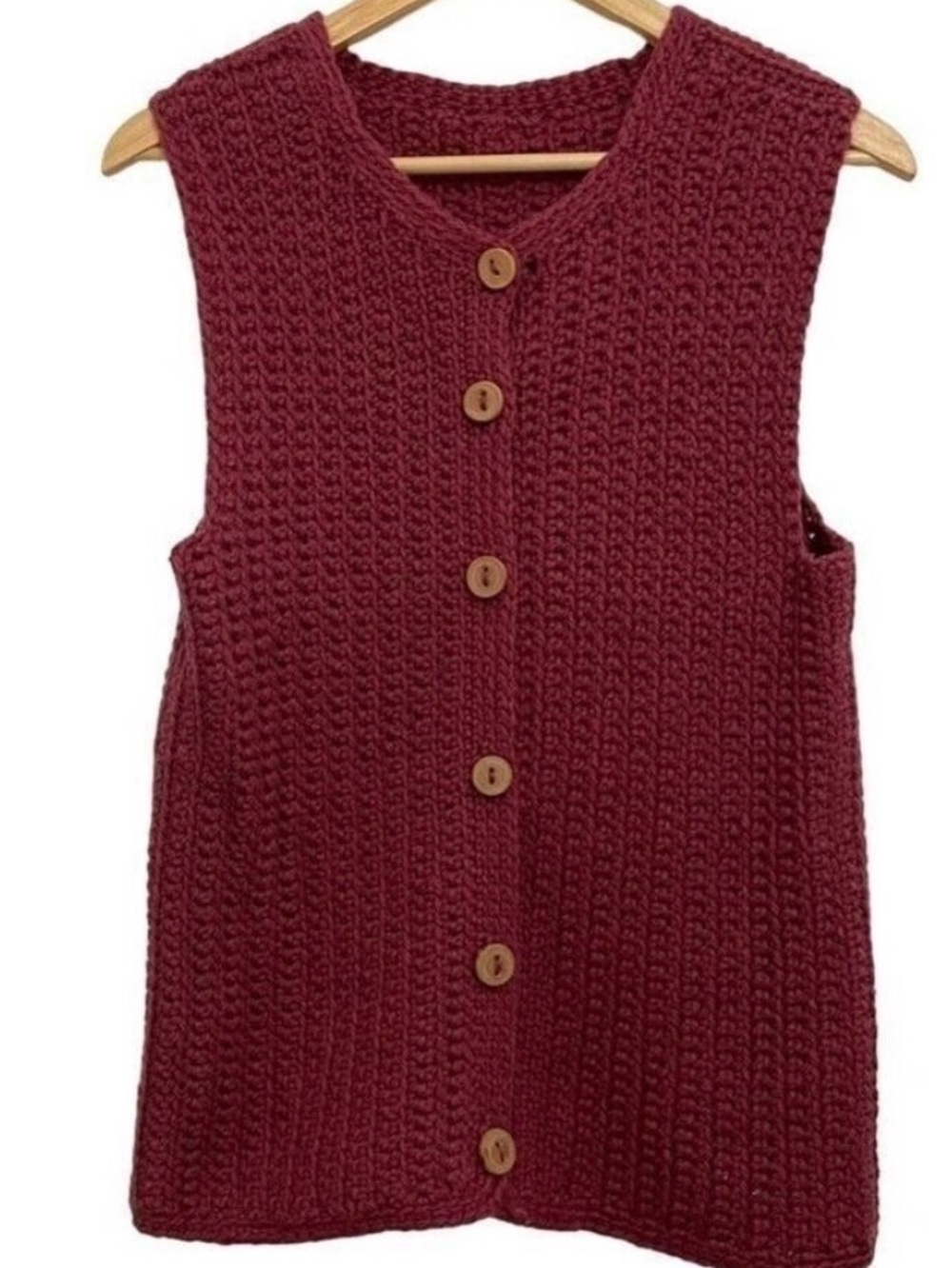 Vintage Handcrafted wool knit crochet vest pink wood buttons up fuchsia medium